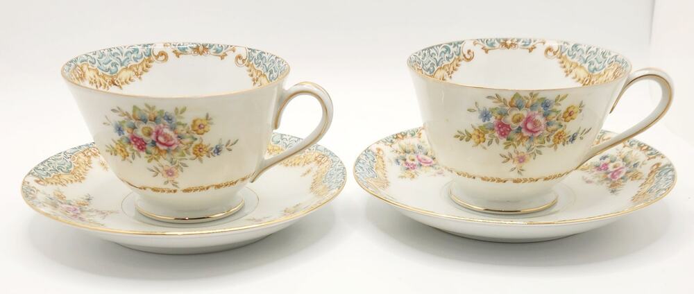 Vintage Sango SAN2 Occupied Japan China 4 Pc Service of 2 Turquoise Gold Floral